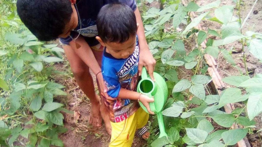 brothers gardening together with watering can