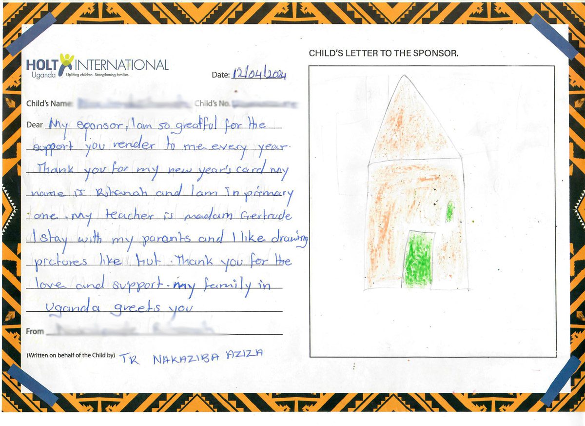 Letter and drawing from Rihanah, a sponsored child from Uganda