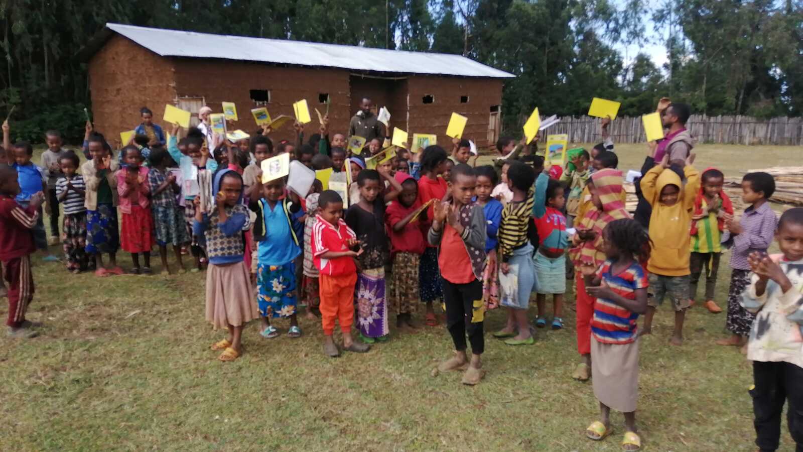 Preschool children in Soda, Ethiopia, gather outside the school