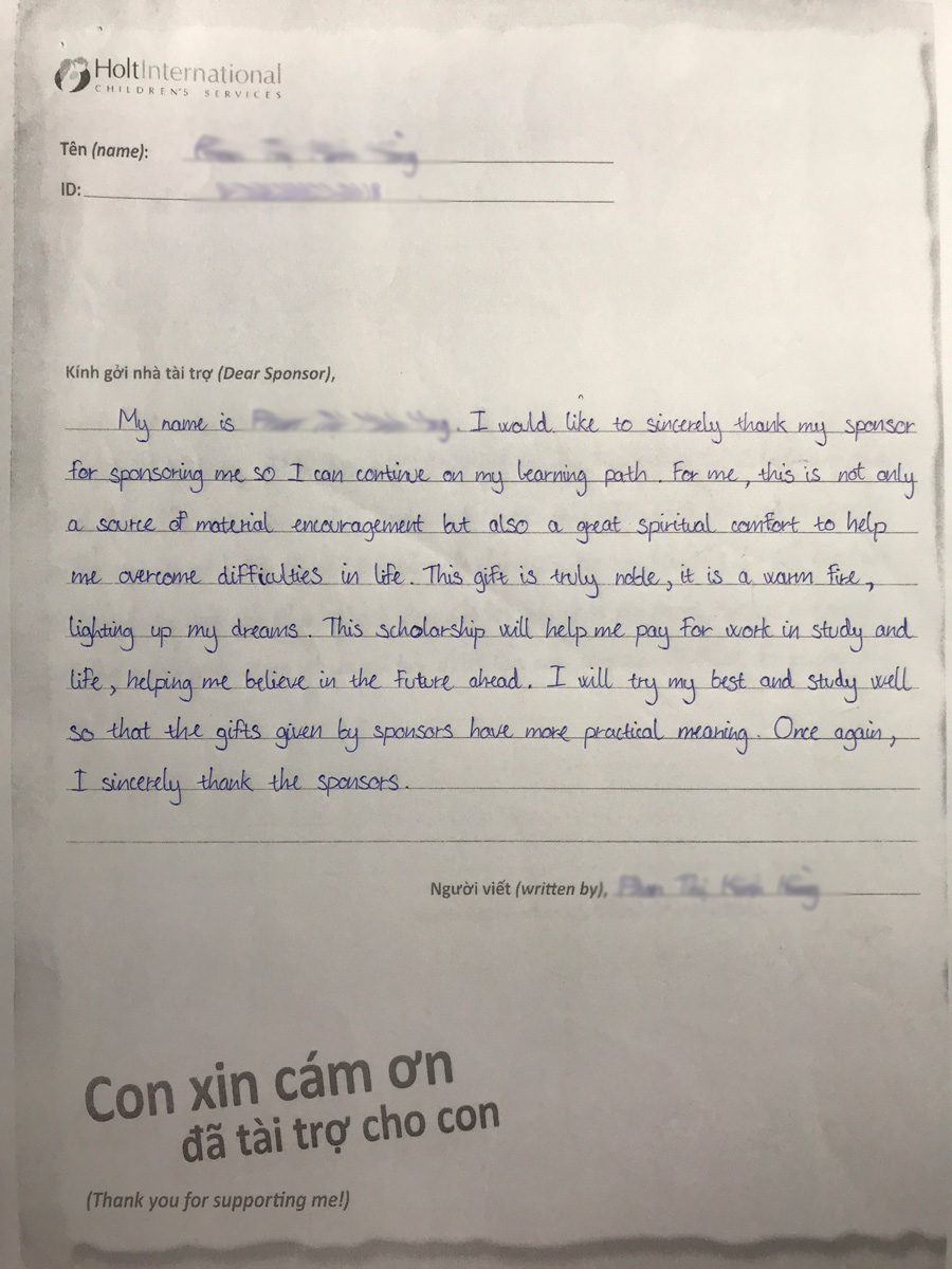 Sponsored child mail from Hang in Vietnam