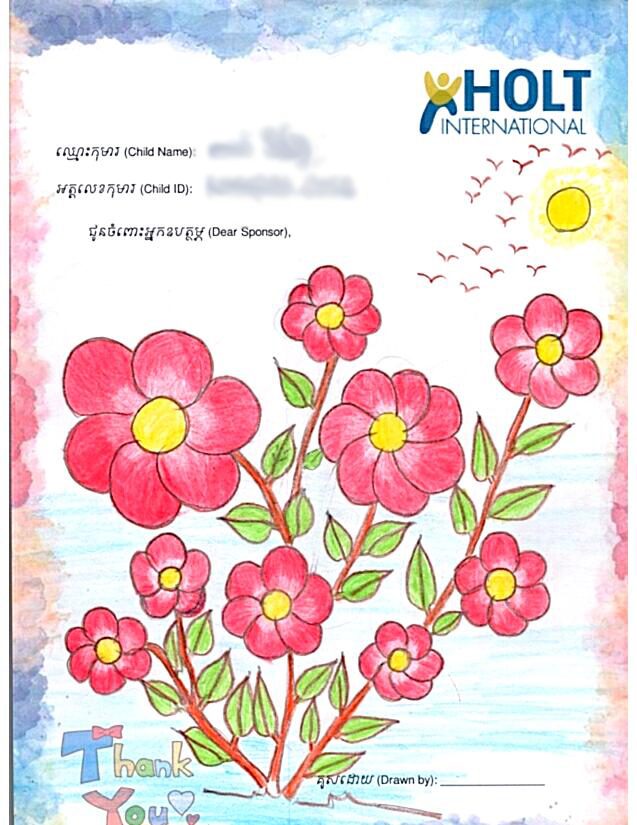 Piseth sends a drawing of pink flowers to his U.S. sponsors