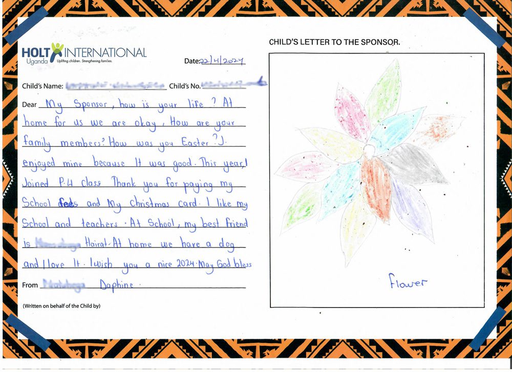 sponsored child letter, Daphine, Uganda