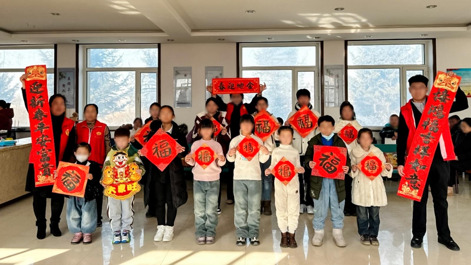 children in china hold up festive decorations for lunar new year