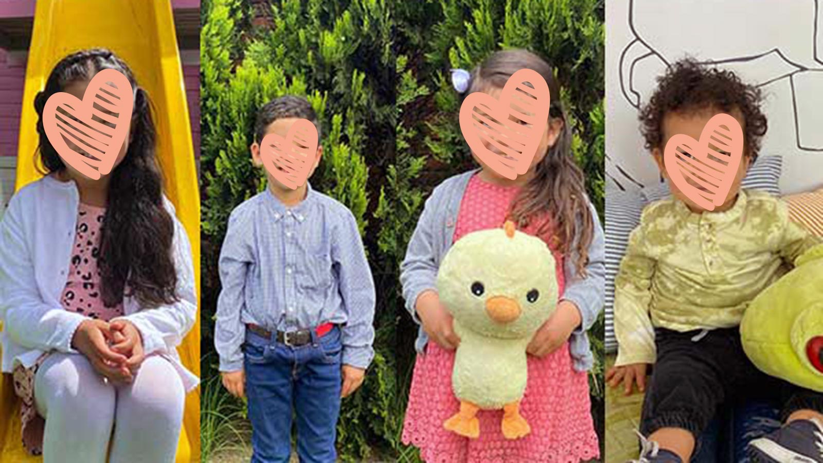 Four children stand for a photo with hearts covering their faces. One is holding a chicken stuffed animal.