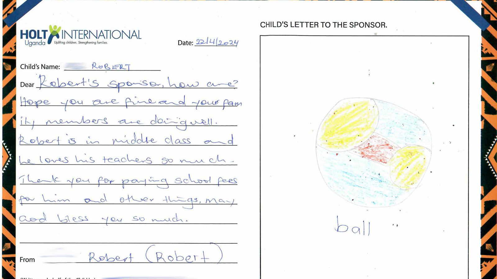 Letter and drawing of a ball from sponsored child in Uganda, Robert