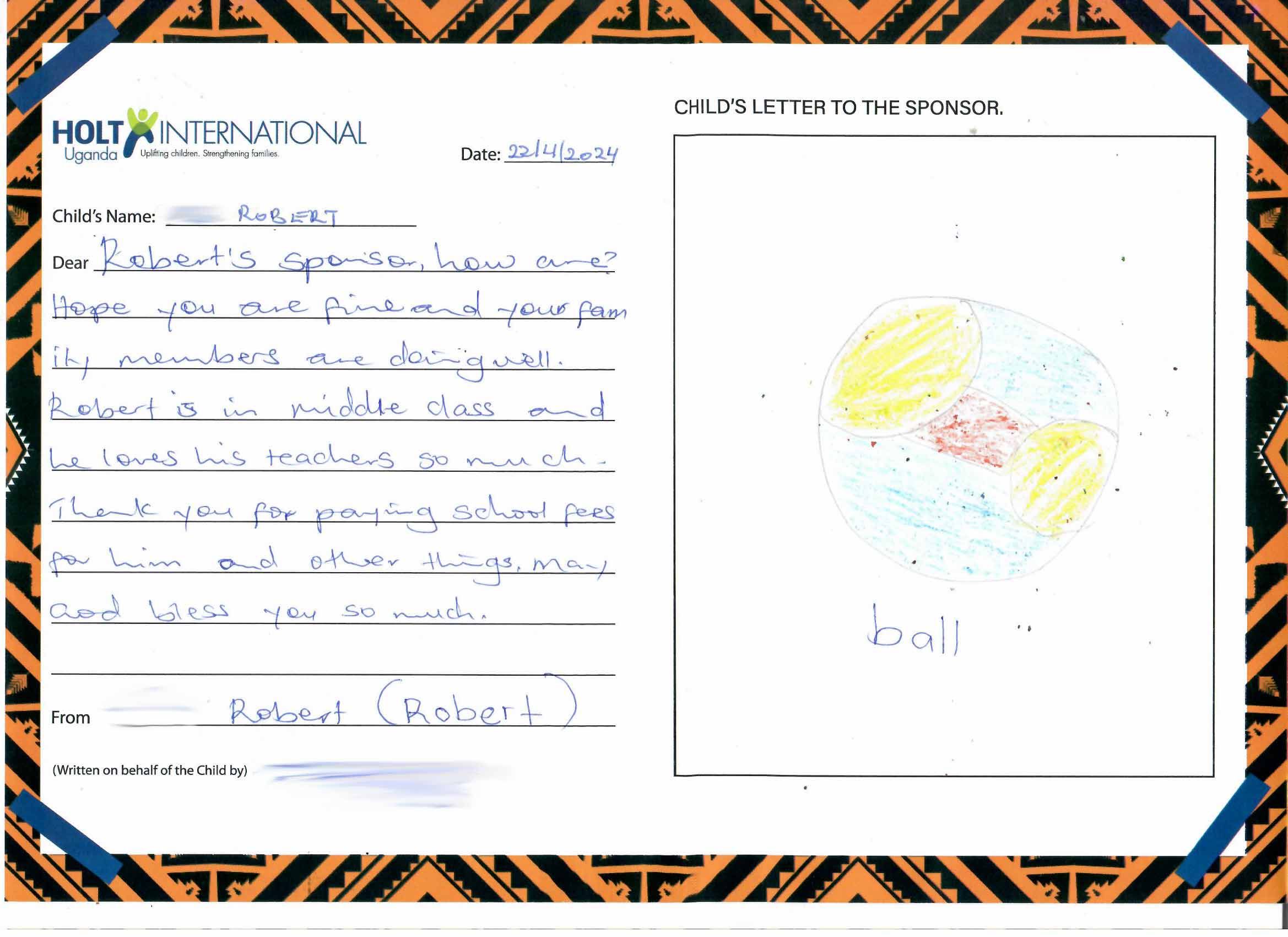 Letter and drawing of a ball from sponsored child in Uganda, Robert